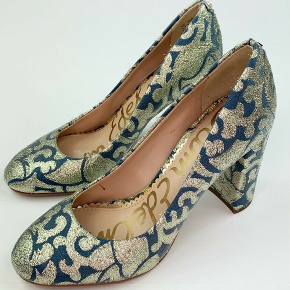 Sam Edelman Stillson Pumps 5.5 Blue Metallic Gold Block Heels - Picture 2 of 8